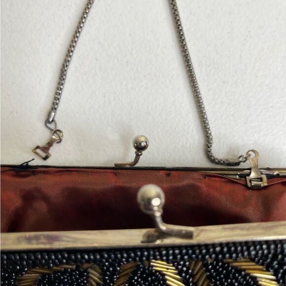 Vintage Beaded Kiss Lock Black Gold Clutch Handbag Purse Handmade Hong Kong - Picture 6 of 8